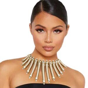 Chunky Metallic Gold Bar Statement Necklace Set